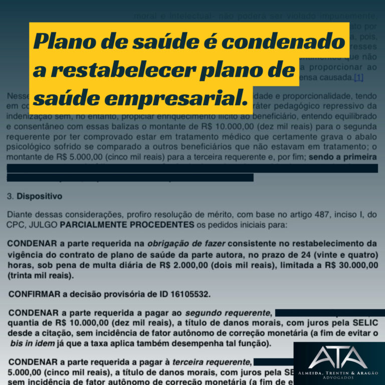 Plano de saúde é condenado a restabelecer plano de saúde empresarial.